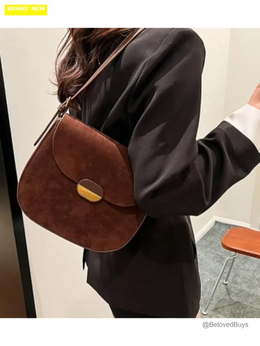 Faux Suede Crossbody Bag with Detachable Shoulder Strap Saddle Satchel